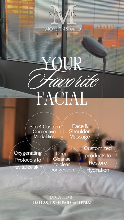 Advertisement for a facial service with text and branding in a spa setting.